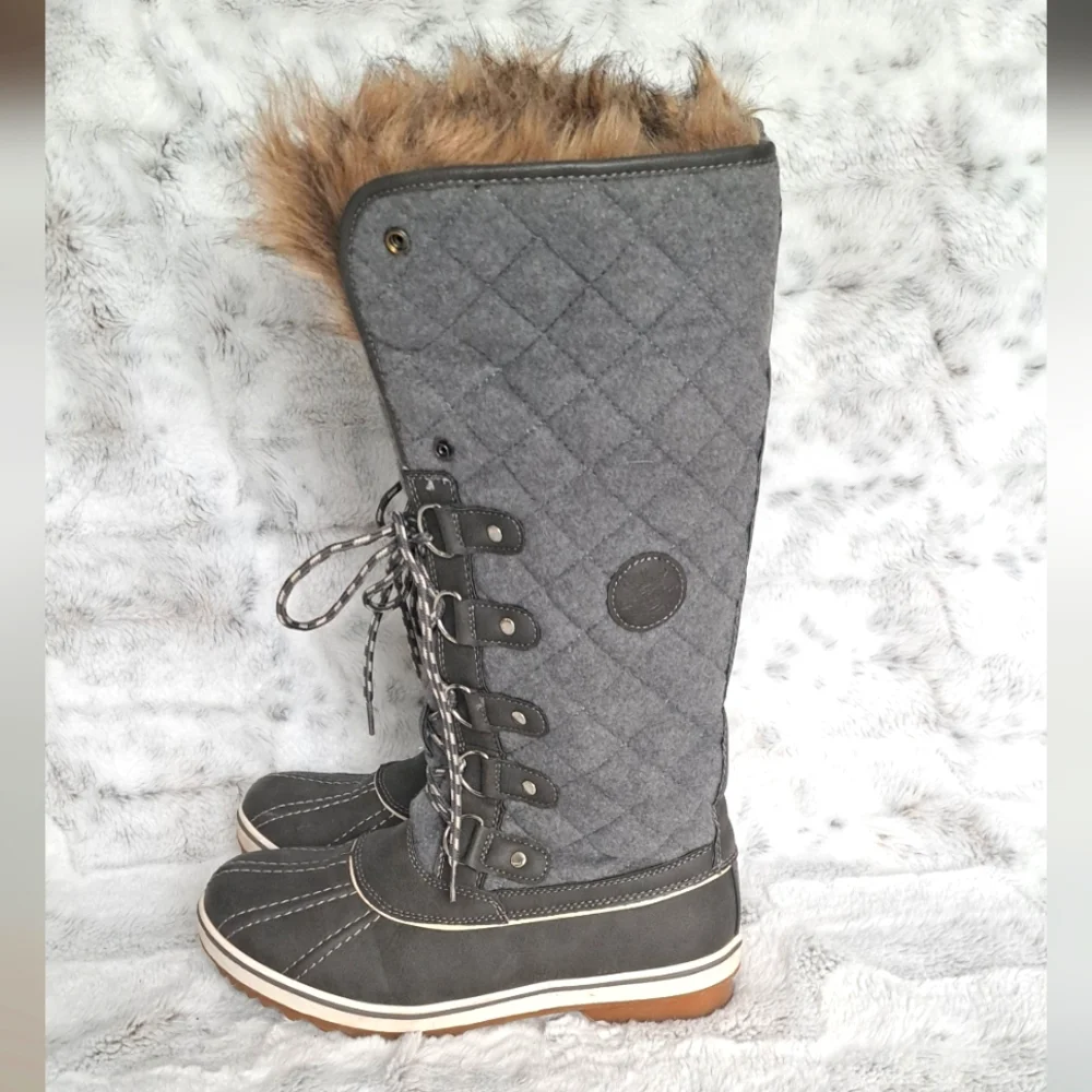 Global Win Quilted gray fur warm tall Duck Boot winter Snow boots. Size 8.5.